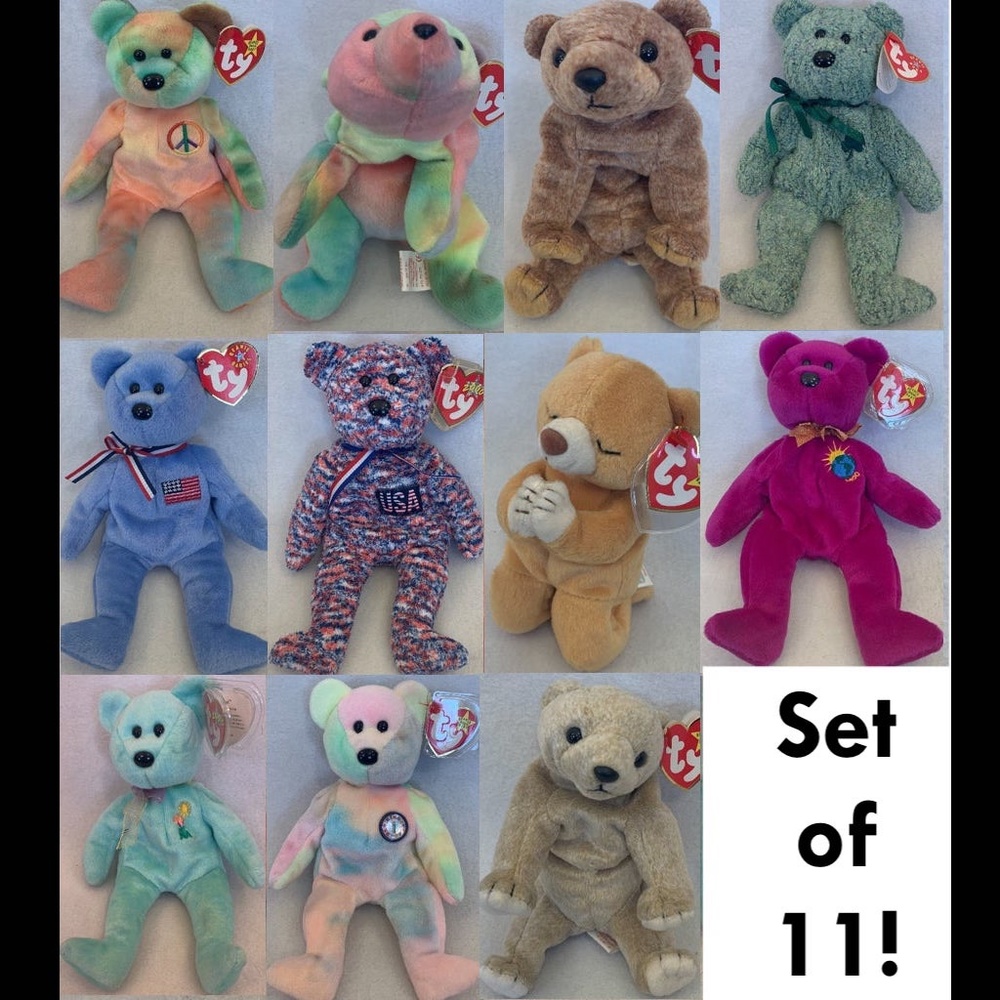 11 Beanies! Peace Sammy Pecan Shamrock 9/11 USA Hope Millennium Ariel BB Almond